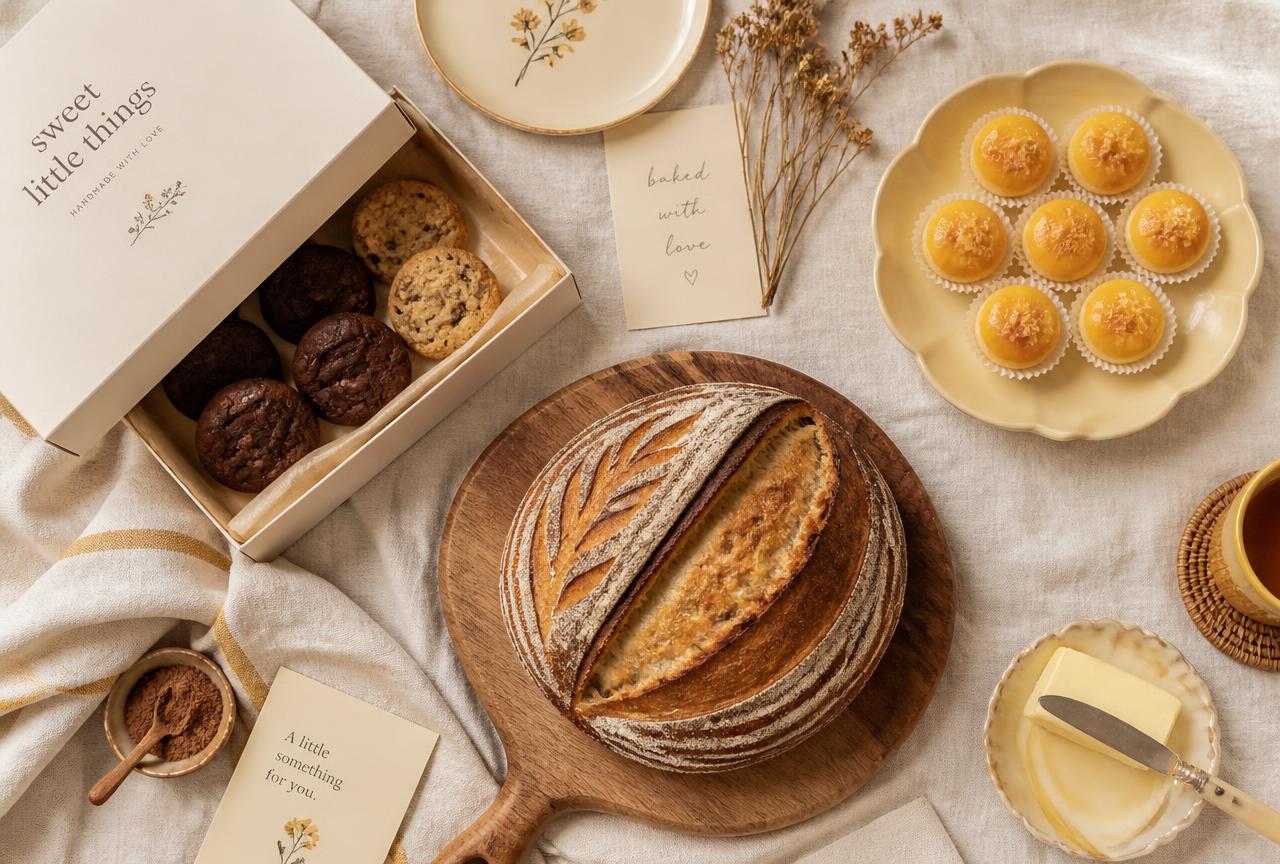 Home bakes laid out on a linen cloth